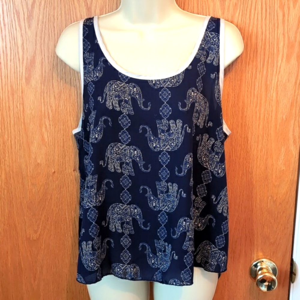 Elephant print navy sleeveless top size L by Persaya